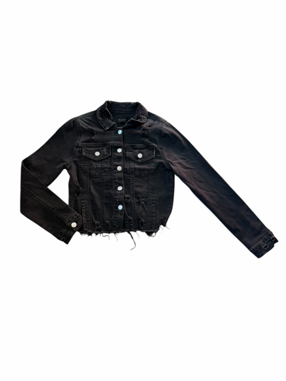 Risen Black Shirring Sleeve Crop Jacket Distressed Denim Women’s Sz Small - Picture 3 of 11